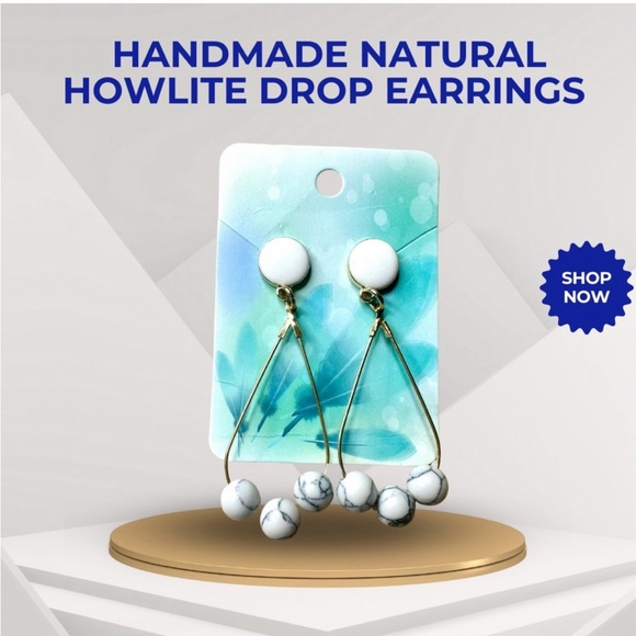 Gold and White hand crafted beaded Howlite Teardrop Earrings - Picture 4 of 4